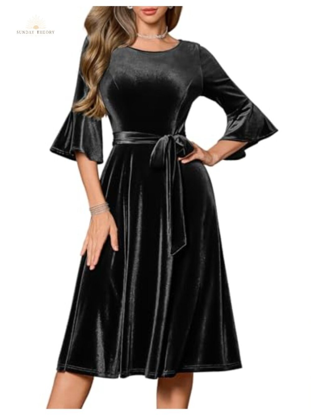 Velvet Midi Dress Long Sleeve Smocked High Waist A-Line Cocktail Formal